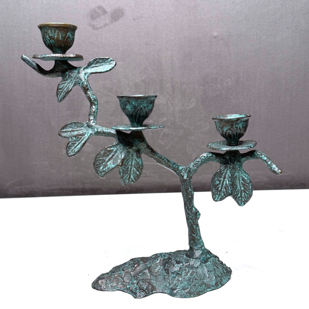 Vintage Candelabra 9.5" Tall Green Verdigris Patina 3 Leaf Tiered Candle Holder